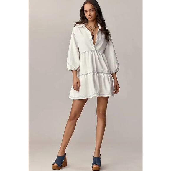 Denim Tiered Mini Shirt Dress - Picture 1 of 6